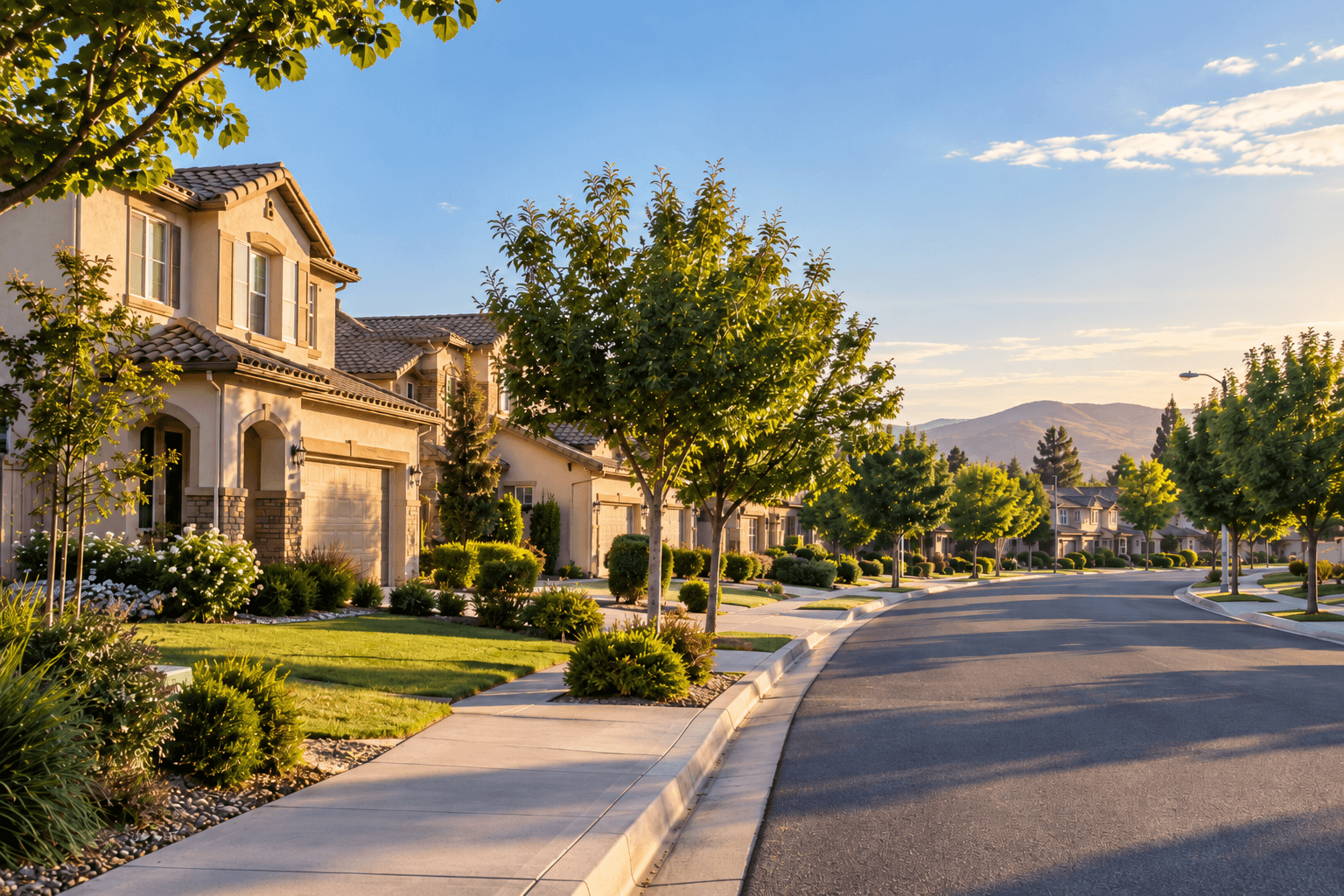 Vecindario residencial con casas de estuco y calles arboladas en California